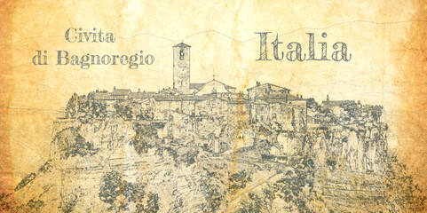 Canvas Print - Sketch of the old town of Bagnoregio in Tuscany