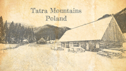 Wall Mural - Sketch of mountain trail in the valley Chocholowska, Tatras, Poland