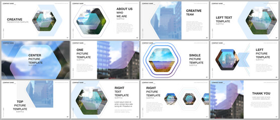 Wall Mural - Presentation design vector templates, multipurpose template for presentation slide, flyer, brochure cover design, infographic report. Corporate identity business concept background with hexagons.