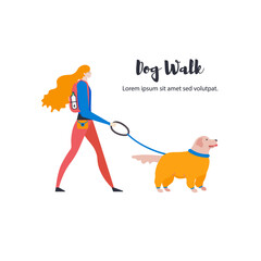 Wall Mural - Сartoon style icons of golden retriever and personal dog-walker. Cute girl and a pet outdoors.