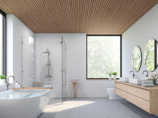 Wall Mural - Modern contemporary loft bathroom 3d render.there are concrete tile floor, white wall and wood plank ceiling ,There are large windows look out to see the nature view.
