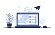 © accogliente - Vector banner illustration of email marketing. Workplace at home, in the office. Laptop. Paper airplane. Completed application form for the site. Filling out documents. Monitor screen. Blue. Eps 10