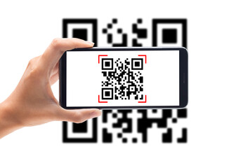 hand using mobile smart phone scan qr code. barcode reader, qr code payment, cashless technology, di