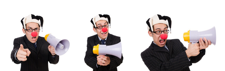 Canvas Print - Businessman clown with loudspeaker on white