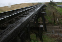 Railroad Track Bridge In Rural Area. 