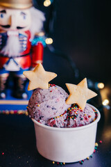 Christmas blueberry ice cream with nutcracker and cookie stars o