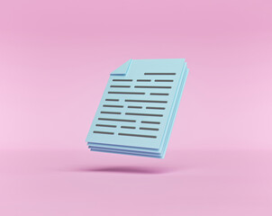 minimal Documents icon. Stack of paper sheets isolated on pastel pink background. 3d rendering