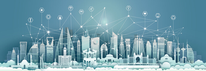 Technology wireless network communication smart city with icon and architecture.