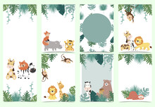 Green Collection Of Safari Background Set With Monkey,fox,giraffe.Editable Vector Illustration For Birthday Invitation,postcard And Sticker.Wording Include Wild One