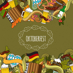 Wall Mural - Oktoberfest Cartoon vector hand-drawn Doodle on the subject of beer fest autumn symbols, food and drinks seamless pattern. Color backgrounddoodle poster