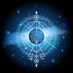 Wall Mural - vector illustration of sacred geometric symbol against the space background with galaxy and stars. m