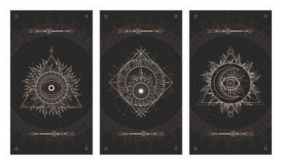 Wall Mural - vector set of three dark illustrations with sacred geometry symbols and grunge textures. images in b