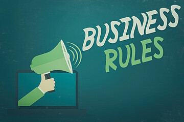 Word writing text Business Rules. Business photo showcasing the principles which determine the corporation s is activities Hu analysis Hand Coming out of PC Monitor Holding Megaphone with Volume Icon