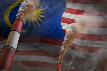 Malaysia pollution fight concept - two large industry pipes with heavy smoke on flag background, industrial 3D illustration