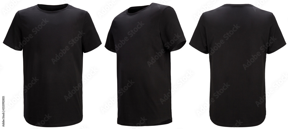 Shirt design and people concept - close up of blank black tshirt front and rear isolated. Mock up template for design print - obrazy, fototapety, plakaty 
