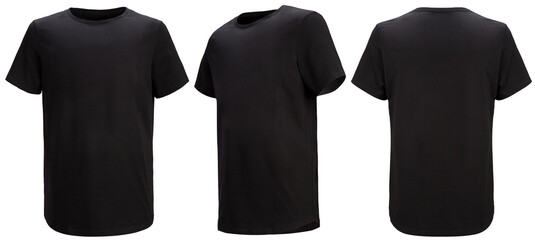 shirt design and people concept - close up of blank black tshirt front and rear isolated. mock up te