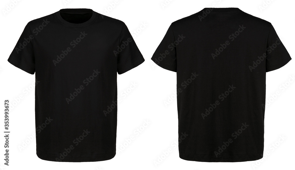 T shirt design and people concept - close up of blank black t-shirt front and rear isolated. Mock up template for design print - obrazy, fototapety, plakaty 