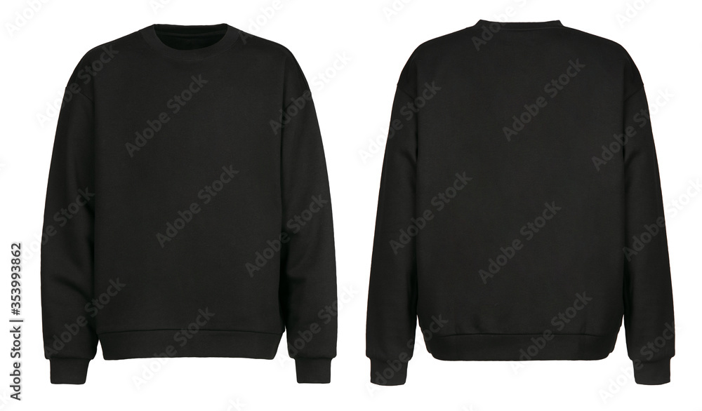 Black sweater template. Sweatshirt long sleeve with clipping path, hoody for design mockup for print, isolated on white background. - obrazy, fototapety, plakaty 