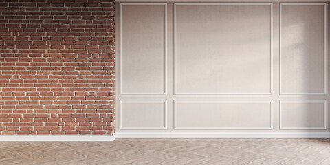 Modern classic beige empty interior with brickwall, wall panels and wooden floor. 3d render illustration mock up.