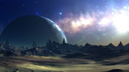 Wall Mural - Blue Planet over Alien Mountains. A huge planet revolves over a rocky desert. In the dark sky, bright stars and nebulae. The bright sun sets quickly and everything plunges into darkness.