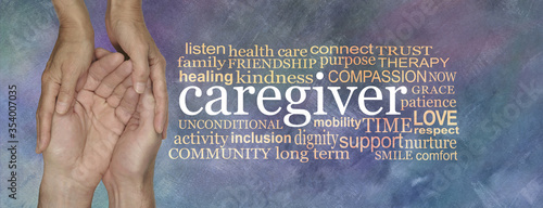 Thank you to all the caregivers word cloud banner - female hands gently cupped around male cupped hands beside a CARE GIVER word tag cloud on a rustic purple blue oil painted background