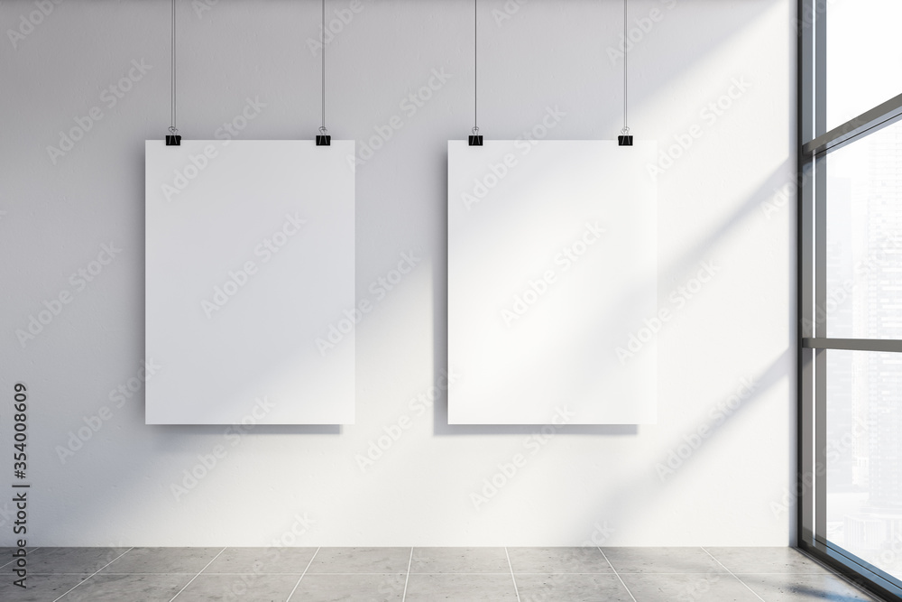 Two mock up poster in white wall room - obrazy, fototapety, plakaty 