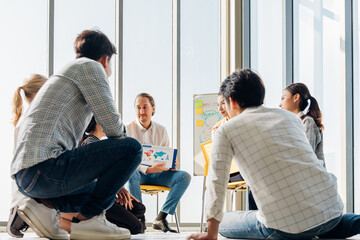 Wall Mural - Group asian young modern people in smart casual wear having a brainstorm meeting while sitting in office background. Business presentation, Planning, Strategy, New business development,Startup concept