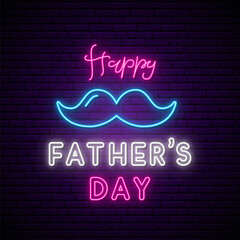 Wall Mural - Father's Day neon signboard, light banner. Fathers Day greeting banner. Stock vector illustration
