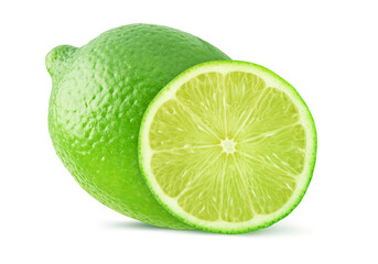 Canvas Print - lime fruit with green leaves isolated on white with clipping path