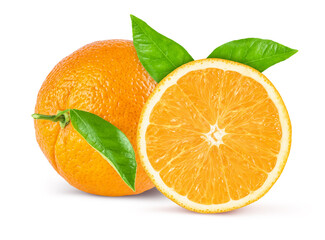 Sticker - Whole orange fruit and slice with leaf isolated on white