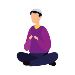 Canvas Print - man muslim sitting cross legged with traditional clothes on white background vector illustration design