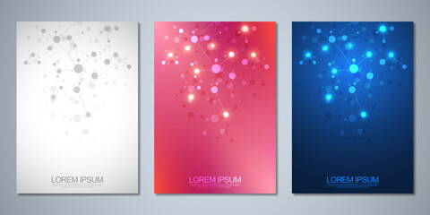 Templates brochure or cover book, page layout, flyer design with abstract background of molecular structures and DNA strand. Concept and idea for innovation technology, medical research, science.