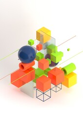 Poster - Abstract 3d render visualization background, template modern composition of geometric shapes in isometric . Cube, sphere, cylinder, line.