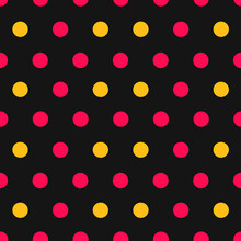 Pink And Yellow Polka Dots On Black Background Seamless Pattern.