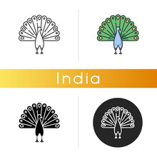 Peacock Icon. Indian Peafowl With Spread Feathers. Pheasant Species. Brightly Colored Bird Native To India. Asian Wildlife. Linear Black And RGB Color Styles. Isolated Vector Illustrations