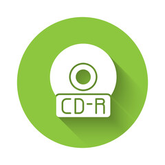 Poster - White CD or DVD disk icon isolated with long shadow. Compact disc sign. Green circle button. Vector Illustration.