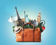 © Zarya Maxim - Travel concept, large classic brown leather travel bag with landmarks