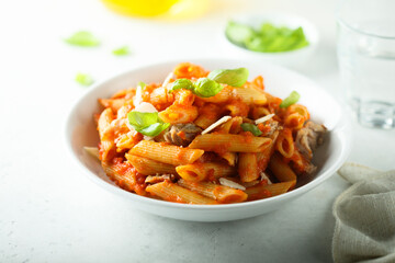 Canvas Print - Pasta with chicken, tomato and fresh basil