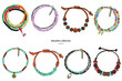 Collection of handmade bracelets in ethnic style. Color vector illustration isolated on a white background.