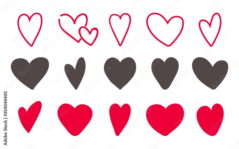 Love hearts icon set. Hand drawn lovely red and outline sketch. Vector ...