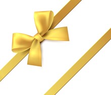 Gold Bow. Gift, Present Golden Shiny Ribbon. Vector Isolate Tape For Design Greeting And Discount Card On White Background