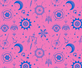 Sticker - Wiccan seamless pattern with magic symbols. space and mystical objects, spirituality and occultism, Ideal for textiles, magic stores, fortune tellers, tarot readers