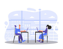 Two Young Women Working On Computer Near Big Window. Coworkers Sitting At The Meeting And Talk About Curent Project. Characters Working On Laptop. Vector Flat Color Illustration.