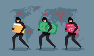 group hacker attacking during covid 19 pandemic and world map vector illustration design