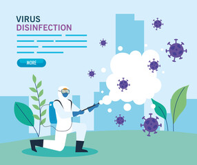 Wall Mural - person with protective suit for spraying the covid 19 in landscape, disinfection virus concept vector illustration design