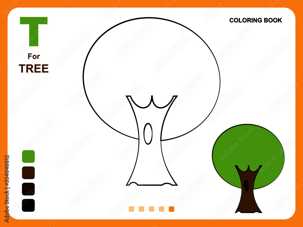 Preschool educational kids painting app game. Color painting practice on tree shape. Illustration of tree for coloring book. Object color filling practice for kids. Coloring book pages for kids.