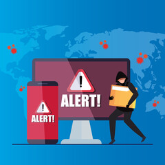 Wall Mural - hacker with laptop and smartphone, danger warning sign during covid 19 pandemic vector illustration design