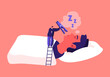 Tiny Male Character Stand on Ladder Put Huge Pin on Nose of Snoring Man Lying in Bed with Open Mouth. Snore Disease Concept. Breathing Health Disorder, Annoyance. Cartoon People Vector Illustration