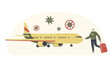 © Pavlo Syvak - Male Character in Medical Mask with Luggage Boarding on Airplane with Coronavirus Cells Fly. Traveler Go to Aircraft, Passenger Board to Jet in Airport Pandemic Time Travel. Linear Vector Illustration