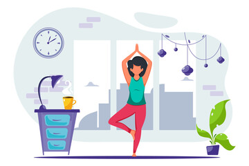 Woman doing yoga at home in modern interior. Vector illustration in a flat style